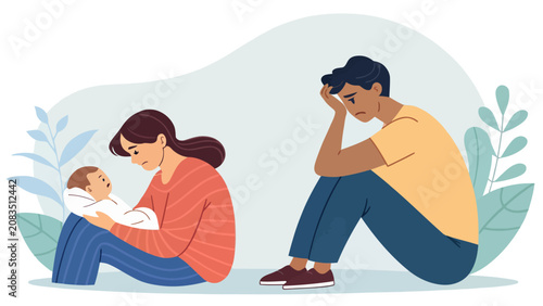 Depressed parents sitting on floor in deep sadness while holding an infant baby with depression exhaustion parenting emotional struggle lifestyle domestic hardship difficult tiredness