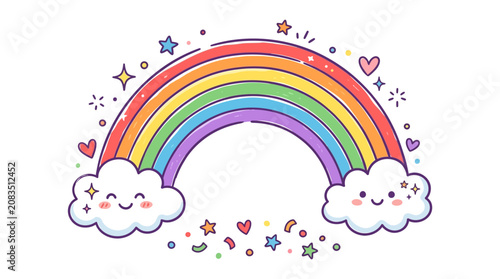Fotografie A colorful rainbow stretches across the sky with smiling clouds and decorative e