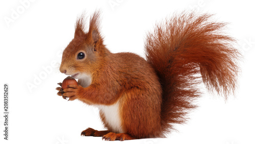 Red squirrel holding a hazelnut in its paws