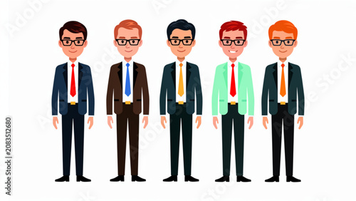 Fotografía Five business professionals standing in a row with different hairstyles and atti