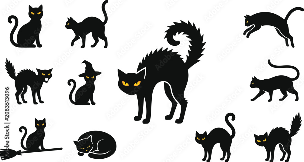 Fototapeta premium Black cat silhouettes, Halloween icons, feline vector set, 12 black cats
