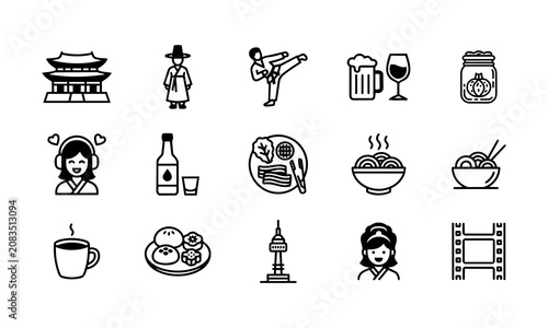 15 Korea themed line icons. Includes Gyeongbokgung, hanbok scholar, taekwondo, beer and wine, kimchi, k-pop girl, soju, korean bbq, noodles, coffee, tteok rice cake, N Seoul Tower, hanbok and k-drama 