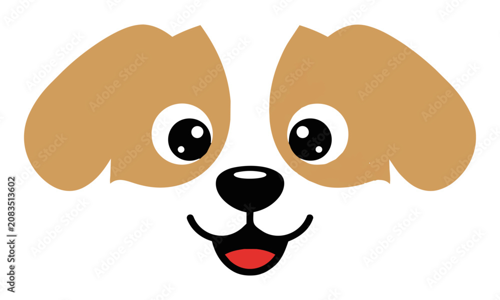 Fototapeta premium A cheerful cartoon puppy dog head with rounded ears and a friendly smile, designed in a simple flat style, isolated on white, for a playful pet character