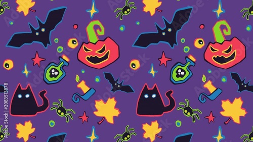 Seamless looping 2D cartoon animation pattern with vibrant Halloween elements. Perfect for festive seasonal promotions, social media content, event invitations, or as a dynamic background.