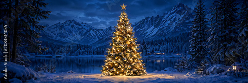 Beautifully decorated Christmas tree glowing in snowy mountain landscape