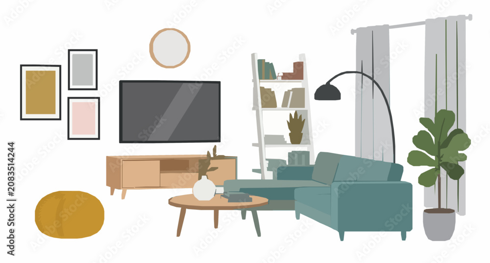Fototapeta premium Minimalist Family Living Room Interior Vector Flat Illustration with Contemporary Home Furniture Set