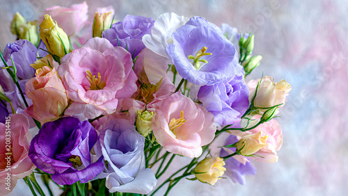 Pastel lisianthus bouquet with pink, lavender, white, and purple blooms on a soft blurred background. Delicate spring flowers, romantic floral arrangement, close-up, natural light, copy space.
