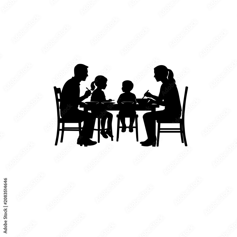 Fototapeta premium Family Dining Together Silhouette Vector Illustration