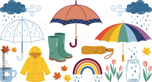 Photos Cozy Rainy Season and Autumn Weather Vector Element Set with Umbrellas, Raincoat