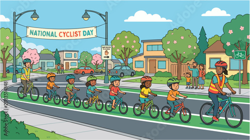 School bicycle train on National Cyclist Day with children riding together accompanied by adult volunteers, safe mobility and education concept, colorful 2D flat vector illustration