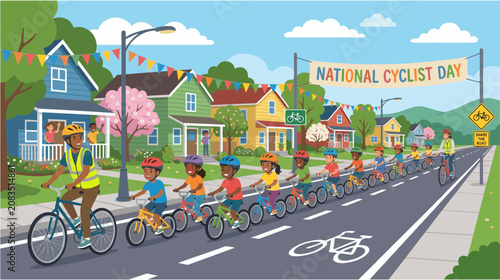School bicycle train on National Cyclist Day with children riding together accompanied by adult volunteers, safe mobility and education concept, colorful 2D flat vector illustration