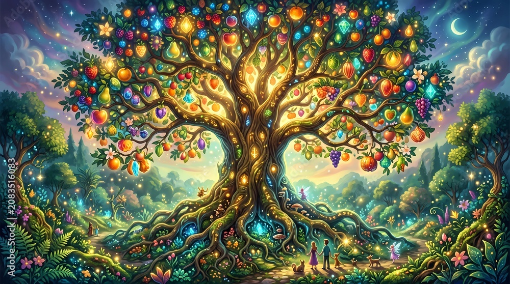 Naklejka premium Magical Tree of Life with Glowing Jewels and Colorful Fruits in a Fantasy Landscape under a Crescent Moon