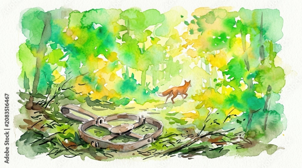 Fototapeta premium Watercolor of a fox fleeing a metal trap in a green forest. Represents freedom and survival. Suitable for nature or animal rights content.