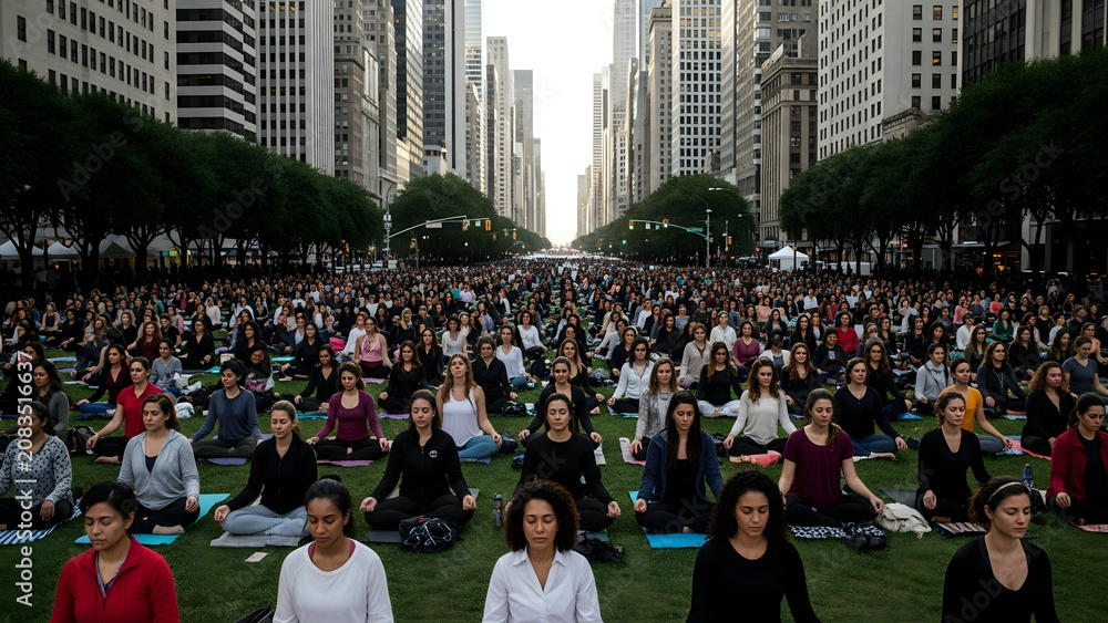 Fototapeta premium Massive crowd of urban citizens blocking a city street avenue between high rise skyscrapers to practice collective yoga and meditation community wellness in the modern city concept