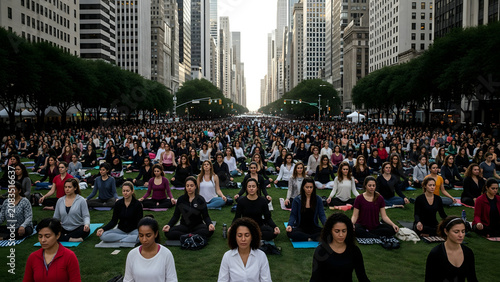 Massive crowd of urban citizens blocking a city street avenue between high rise skyscrapers to practice collective yoga and meditation community wellness in the modern city concept