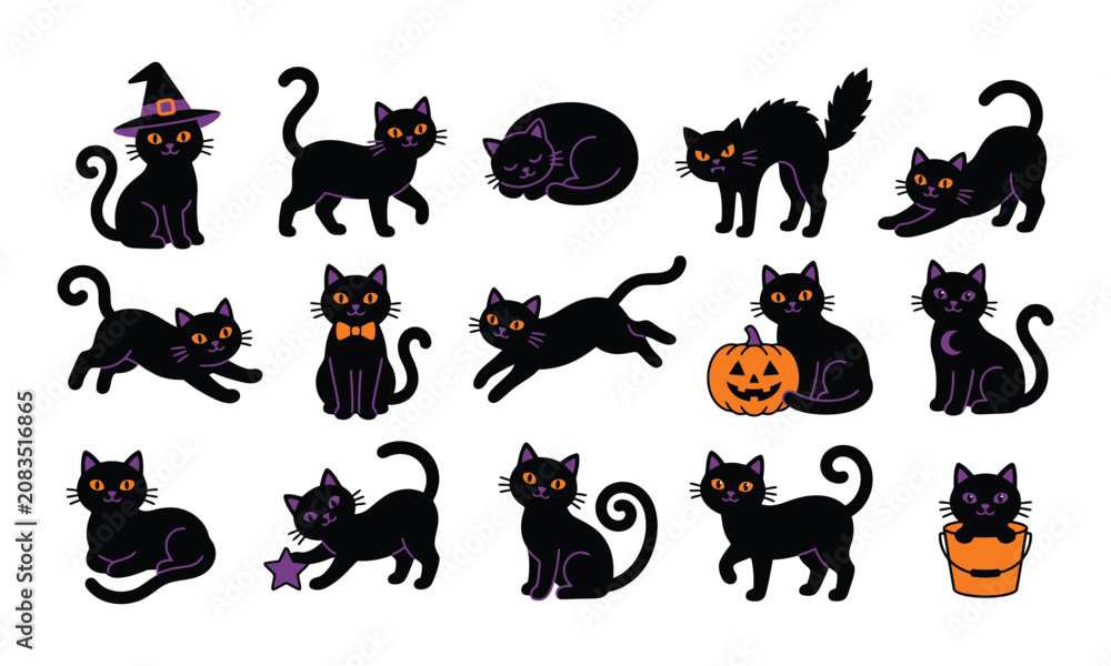 Naklejka premium Cute Halloween Black Cat Cartoon Vector Set