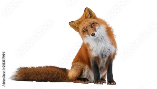 Red fox with fluffy tail and white chest sitting