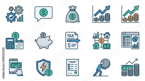 Finance management line icons collection with gear settings message notification money bag inflation chart and editable stroke outline design elements for business and accounting