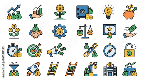 Financial Success Outline Icon Collection with Editable Strokes Illustrating Money Growth Investment Returns and Business Profits for Commercial Use