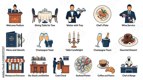 Fine Dining Restaurant Silhouette Icon Set with Editable Stroke Lines Wine Service Elegant Tables Gourmet Meals Luxury Dining Experience Minimalist Design Elements for Branding and Marketing