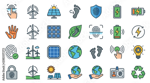 Fingerprint Access Line Icon Set for Renewable Energy Technology Including Wind Turbine Solar Cells and Carbon Footprint Tracking Editable Stroke Designs