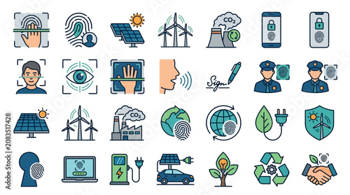 Fingerprint Scan Biometric Identity Symbol with Renewable Energy Solar Panel Wind Turbine and CO2 Exhaust Icons Set Editable Stroke