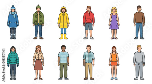 Flat Design Young Adults in Seasonal Clothing Colorful Editable Stroke Characters Set for Commercial Use