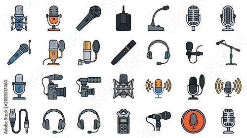 Flat Style Editable Stroke Studio Microphone Icon Set Including Handheld Wireless Condenser Podcast and Recording Mics for Sound Studios