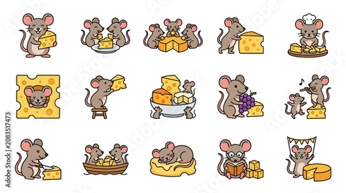 Flat design cheerful mice enjoying a delicious cheese party in studio style with editable strokes and clean layout