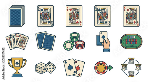 Four Kings Gambling Card Set Classic Casino Deck Symbols Editable Stroke Multiple Card Arrangements on Single Board Design