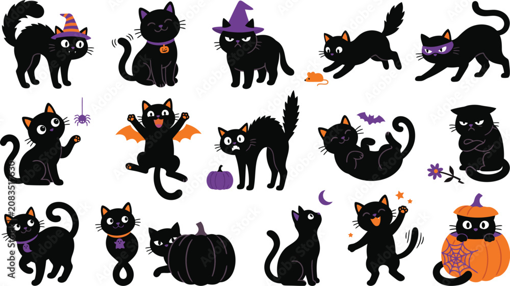 Obraz premium Halloween black cat collection with witch hats and pumpkins halloween creature