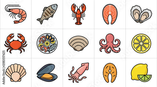 Fresh seafood collection with grilled shrimp lobster fish lemon slices and gourmet seafood platter editable stroke for restaurants and food industry
