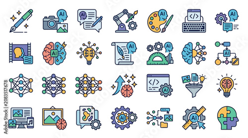 Generative AI Icon Set for Creative Automation and Digital Art with Neural Creativity Tools for Image and Text Generation