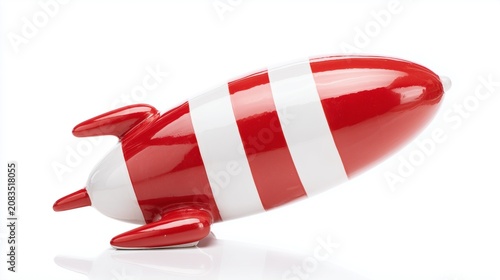 Red and white minimalist rocket ship isolated on white background