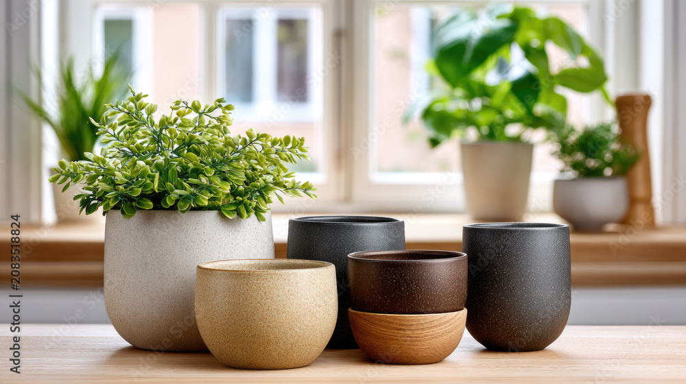 Fototapeta premium Collection of handcrafted ceramic stoneware and wooden bowls featuring a minimalist earthy color palette, creating a serene and natural home decor display