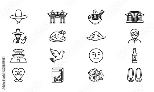 16 Korea themed line icons. gat hat, palace gate, hanok house, korean noodles, scholar, fried chicken, cloud, student, pagoda, dove, hahoe mask, soju bottle, korea heart pin, pepero snack, fish, shoes