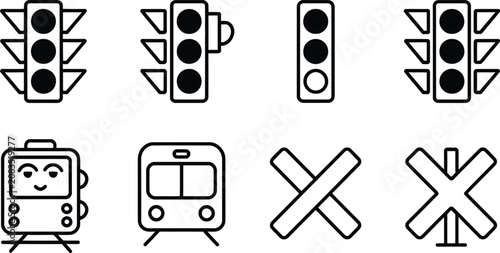 Fotografie Traffic signals icons set featuring crossbucks, signal box, transportation safety symbols, urban traffic control, editable, vector, designs