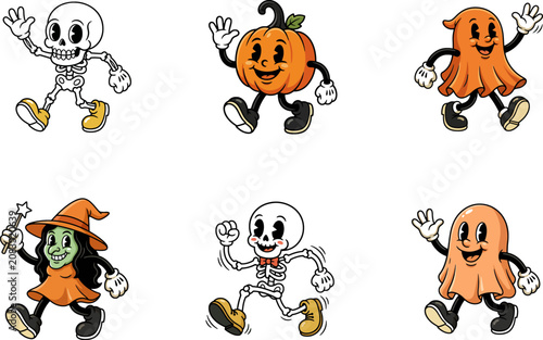 A collection of vintage style Halloween characters including a ghost, pumpkin and witch. Vector illustration. Retro cartoon Halloween characters dancing on white background skeleton ghost