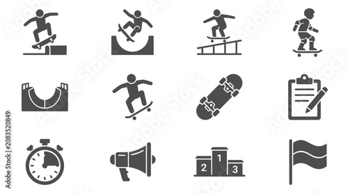 Foto Black icons of skateboard tricks actions.