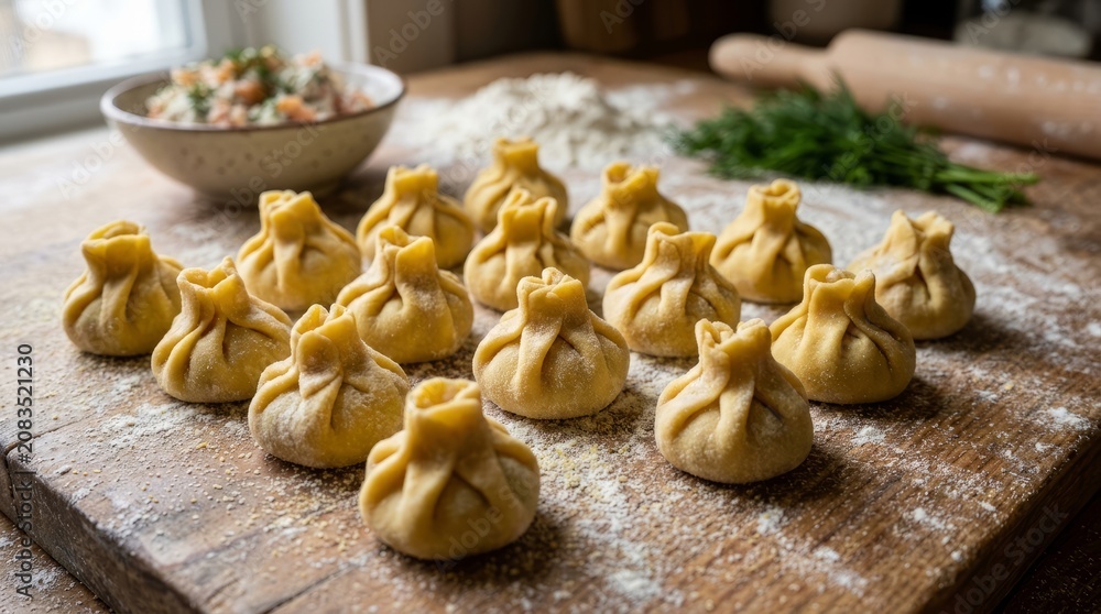 Fototapeta premium Golden fried dumplings arranged neatly on a rustic wooden board with herbs.