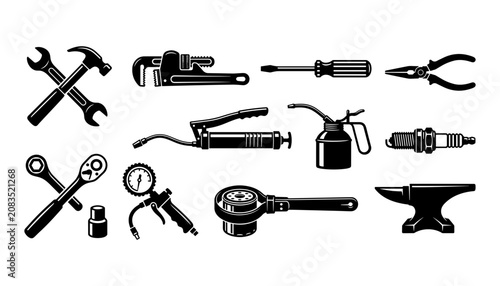 Tableau sur toile Tools Including Wrenches, Pliers, Hammers, and Gauges in a Black and White Illus