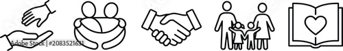 Fotografie Black line icons of people helping and supporting each other