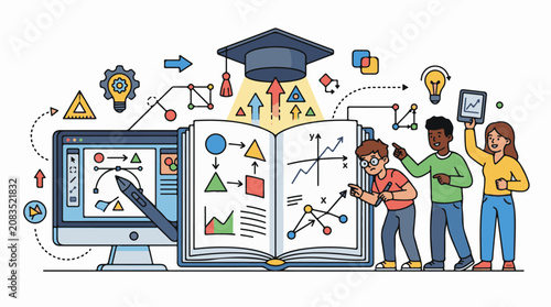 Diverse students learning from an open book with digital tools