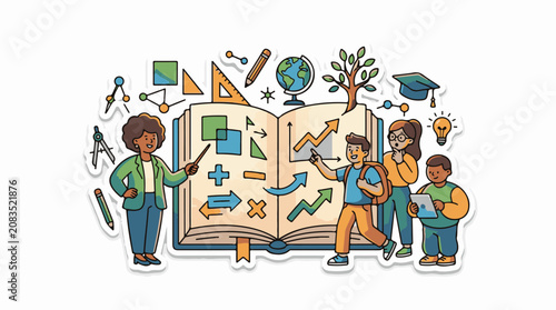 Diverse students learning math and science from a teacher and an open book