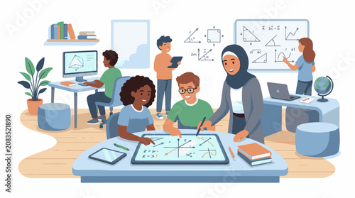 Diverse students learning math and science in a modern classroom