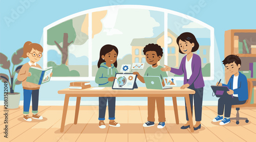 Diverse students learning with a teacher in a classroom