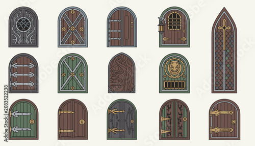 Collection of various medieval fantasy wooden doors with ornate iron hinges, decorative patterns, and arched stone frames.