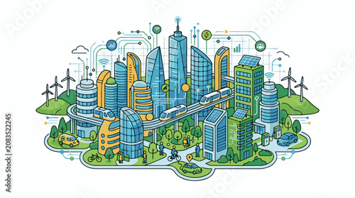 Diverse sustainable city with futuristic architecture clean transport and green energy