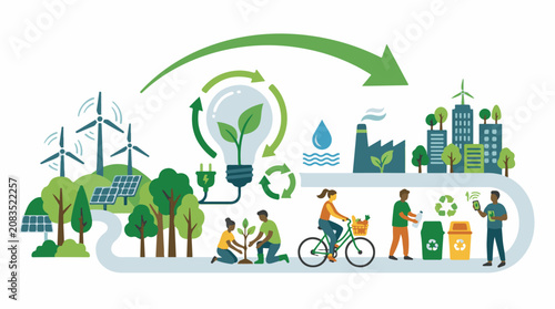 Diverse sustainable practices depicted with people renewable energy and eco-friendly city