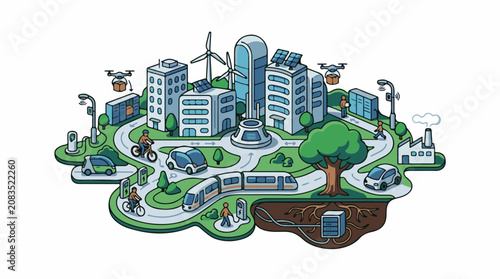 Diverse sustainable urban elements interconnected in a green cityscape